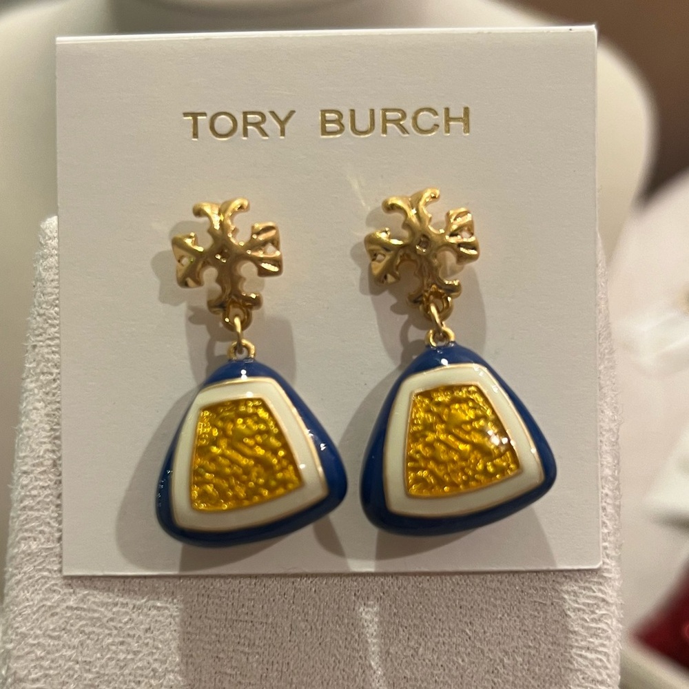 Tory Burch Gold and Blue/Yellow/Gold Art Deco style Earrings